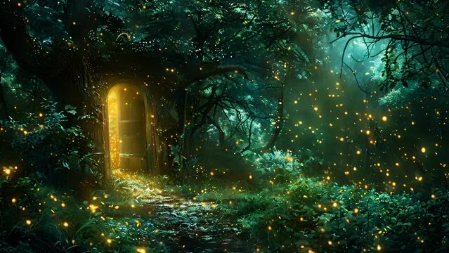 In the depths of the forest a key carved from oak opens a secret door that reveals a magical glade filled with shimmering fireflies.