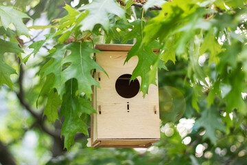 A wooden birdhouse is suspended from a branch of a tree in a garden