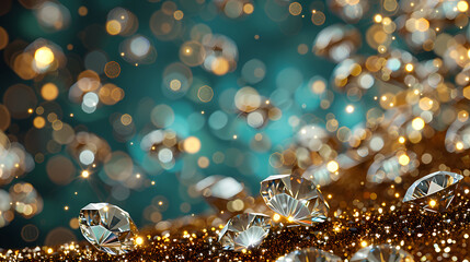 Glistening diamonds against a bokeh backdrop, shimmering in golden hues and blue tones.