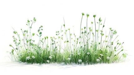 Fototapeta premium Illustration of green flowers and grass in realistic art style,