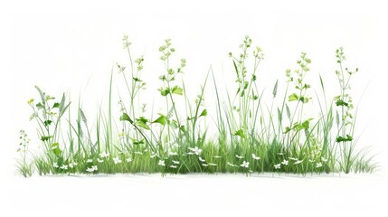 Fototapeta premium Illustration of green flowers and grass in realistic art style,