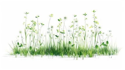 Fototapeta premium Illustration of green flowers and grass in realistic art style,