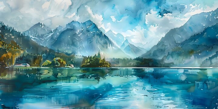 Konigsee Lake and Jenner Mountain in Berchtesgaden National Park A Watercolor Painting. Concept Nature, Landscape, Konigsee Lake, Jenner Mountain, Berchtesgaden National Park, Watercolor Painting