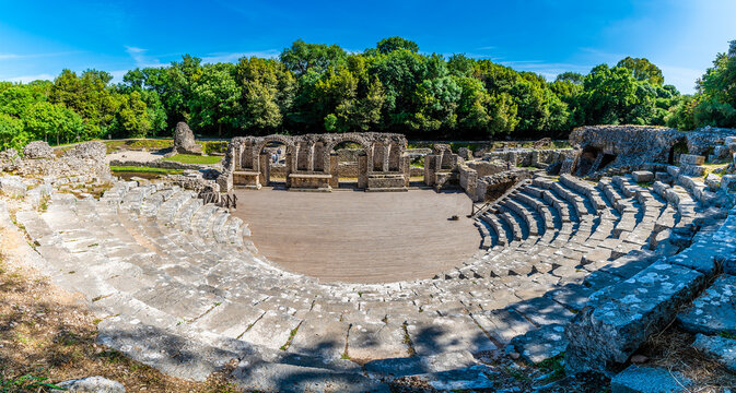 A panorama view from the upper seatsl of the Roman amphitheatre  at Butrint, Albania in summertime