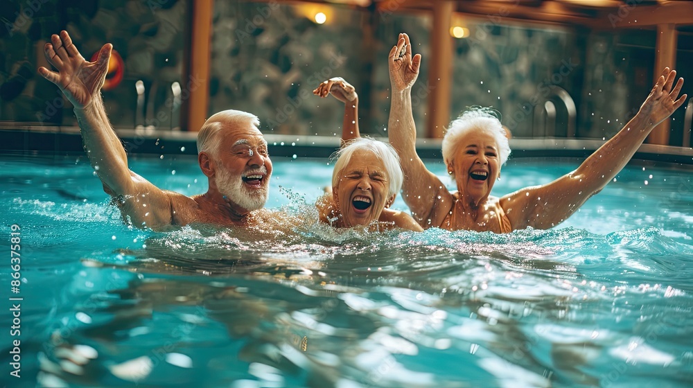 Wall mural Happy senior men and women doing sports indoors in the swimming pool