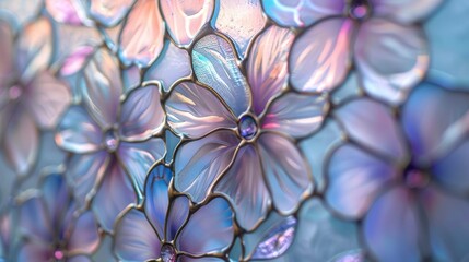 Closeup of stained glass flowers with iridescent details in purple, pink, and blue colors. Abstract, artistic, and colorful background.