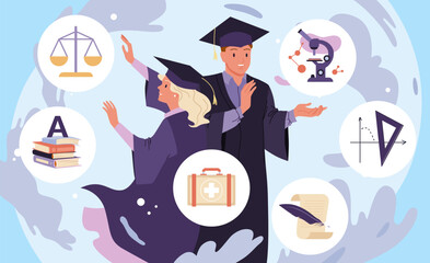 Young girl and boy in graduation gown and cap choose between professional careers in medicine and education, law and science cartoon vector illustration. Choice of future profession