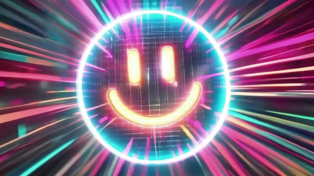 glowing  smile face symbol with neon light rays background 4k animation -- new 4k stock video footage AI