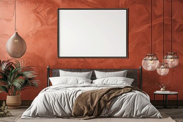 Mockup poster frame in luxury bedroom interior, 3d render, Amber background
