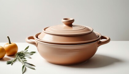minimal design of natural earthenware casserole, mockup of beautiful handmade ceramic on white background, copy space for text, ad shot
