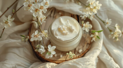 Natural Marshmallow Root Extract in Creamy Emulsion and Blossoming Flowers