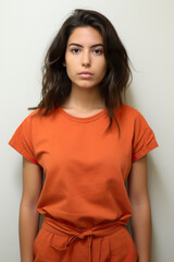 Fototapeta premium Mugshot of young Hispanic female prisoner in orange jumpsuit