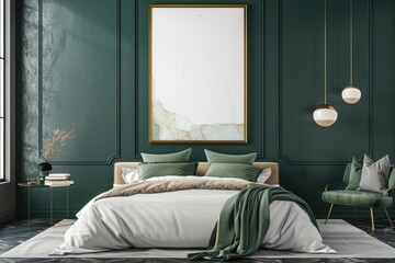 Mockup poster frame in luxury bedroom interior, 3d render, Emerald background.