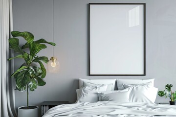 Mockup poster frame in luxury bedroom interior, 3d render, Gray background