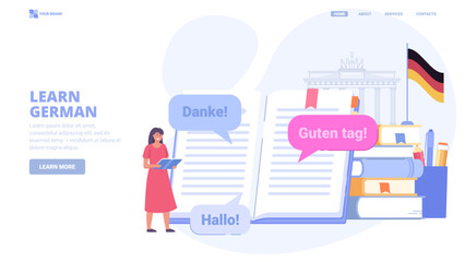Learn German language online, foreign language courses, self education. Design concept for landing page. Flat vector illustration with tiny characters for website, print, banner. © Karina