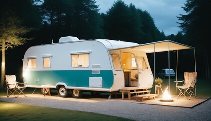 modern caravan parked at the cottage, lighted and with camping chair awning and furniture,
