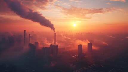 Obraz premium Dramatic Sunrise or Sunset Skyline of Polluted Urban City with Smoke Stacks and Industrial Facilities