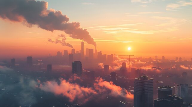 Cityscape with Polluted Skyline at Dramatic Sunset or Sunrise - Powered by Adobe