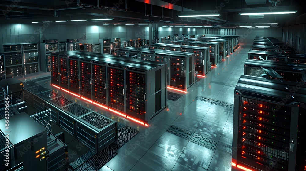 Poster futuristic energy efficient data center design with advanced cooling and power management systems