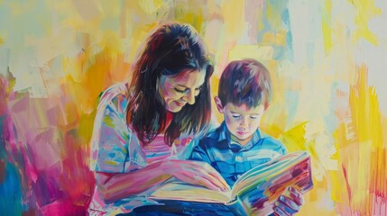 woman helping her son with a book