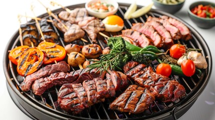 Closeup of grilled meat and vegetables on a round grill. Delicious summer BBQ food with chicken, steak, peppers, mushrooms, and broccoli.