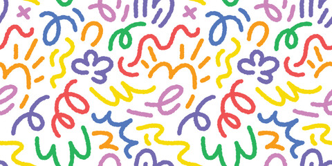 Abstract drawing doodle seamless pattern. Creative squiggle color lines. Trendy colorful background.
