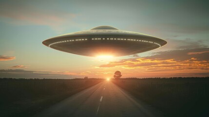 Alien Spacecraft Looming Over Countryside Road