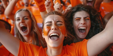 Football fans having a good time at a competition event; orange sports fans cheering for their side as they exit the stadium; champions and winning concepts; center female face