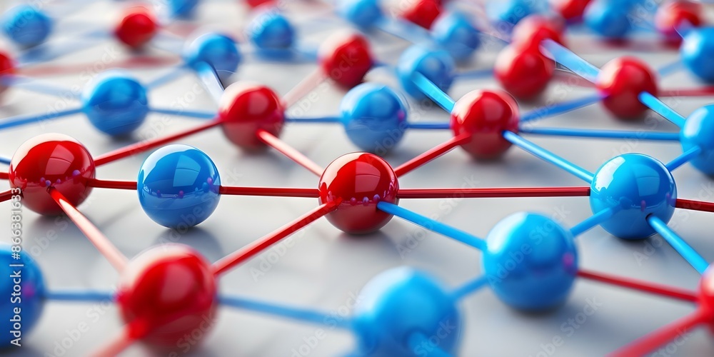 Poster connecting red and blue nodes in a digital network. concept digital networking, red nodes, blue node