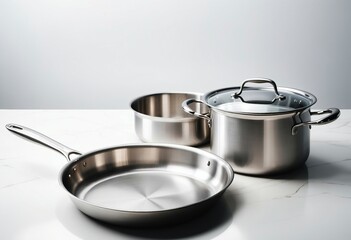 steel pans and cookware, kitchen products concept, isolated white background
