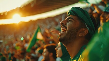A Saudi Arabian football fan at the stadium. Saudi supporters watching their team play soccer on the field. group of green falcons supporters waving flags and wearing national jerseys.