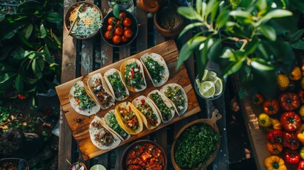 Naklejka premium Homemade Tacos with Fresh Ingredients on Wooden Table