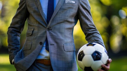 Stylish businessman with a soccer ball in his hand