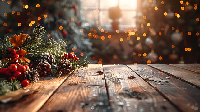 Weihnachtlicher Hintergrund mit Lichtern, Tannen und Holzdielen, made by AI