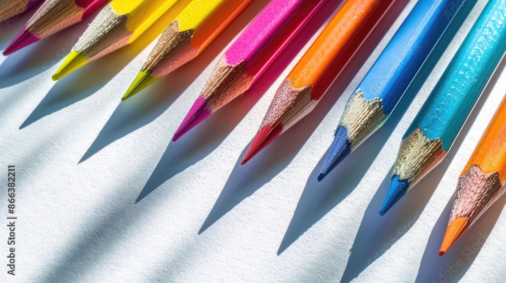 Sticker colorful pencils casting shadows on a white background with sunlight representing creativity design 