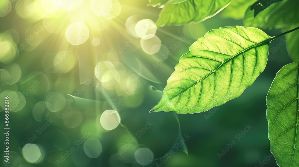 Poster green leaf concept on blurred bokeh background with copy space