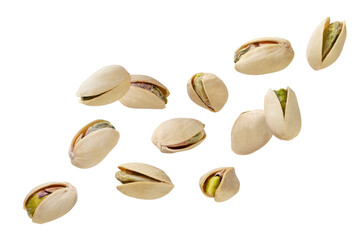Pistachios in shells flying close-up on white. Isolated