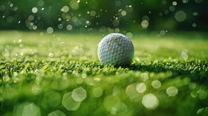 Close-Up of a Golf Club Hitting a Golf Ball at the Moment of Impact on Green Grass Background