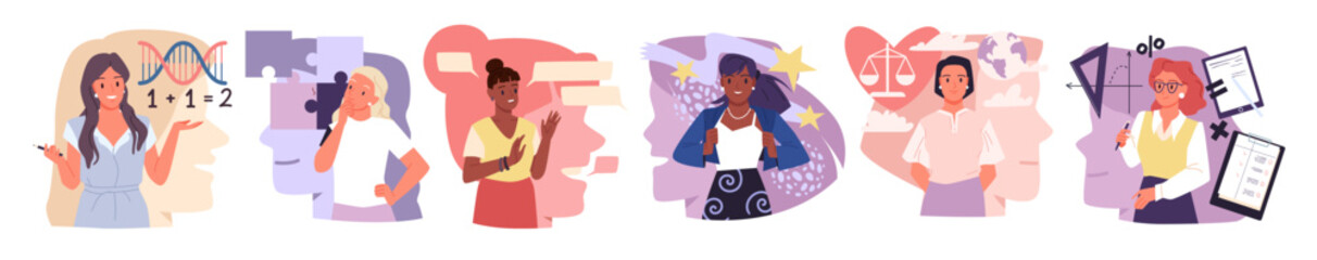 Female and male characters with focus on emotion or logic thoughts cartoon vector illustration. MBTI typology of people with different types of personality, creative thinking and behavior, psychology