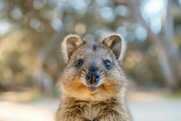 Closeup of a cute quokka with a charming smile, set against a soft, natural backdrop