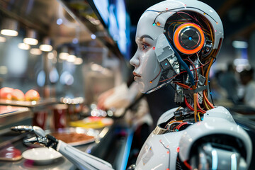 Generative AI creative picture Robot cyborg in activities of daily life house duties living together with people