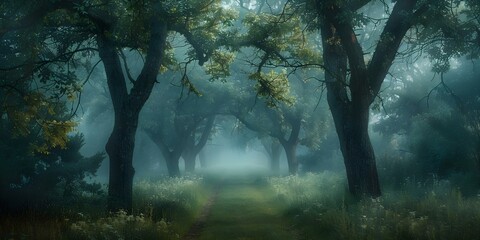 Obraz premium Whispers of Ancient Secrets Enchanting Forest in Morning Fog. Concept Enchanted Forest, Morning Fog, Ancient Secrets, Whispers