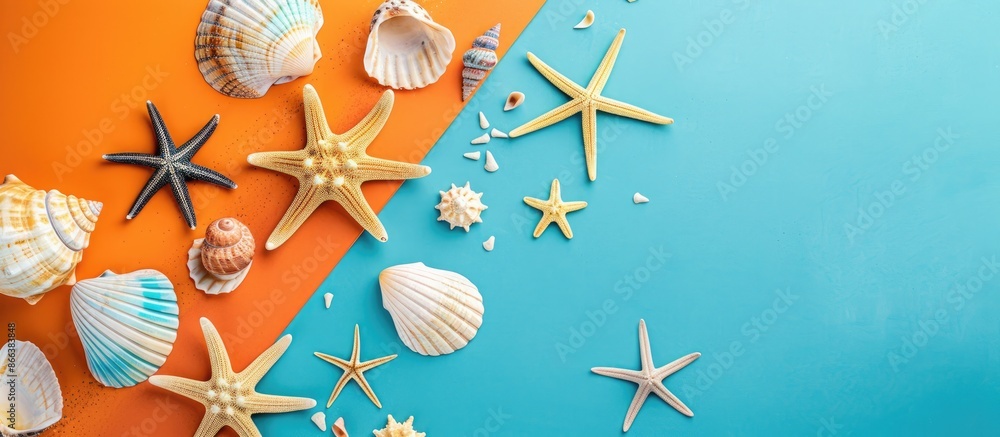 Poster Summer Setting Flat Lay with Lovely Starfish and Seashells on Colorful Table, Top View with Room for Text.