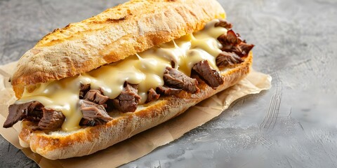 Savor a delectable cheesesteak sandwich with gooey cheese and savory steak. Concept Cheesesteak, Sandwich, Gooey Cheese, Savory Steak, Delicious Flavor