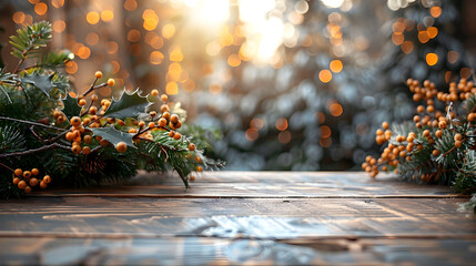 Weihnachtlicher Hintergrund mit Lichtern, Tannen und Holzdielen, made by AI