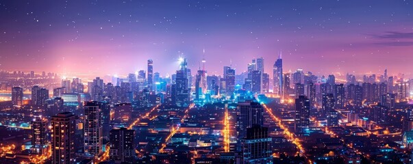 Obraz premium A panoramic view of a city skyline at night, with lights twinkling like stars against the dark sky.