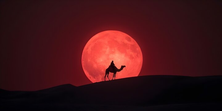 Tuareg riding camel under red supermoon in desert at night. Concept Desert Adventure, Camel Ride, Red Supermoon, Tuareg Culture, Night Photography