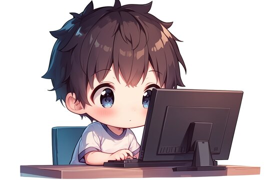 serious anime chibi cartoon boy working at a laptop, on a white background