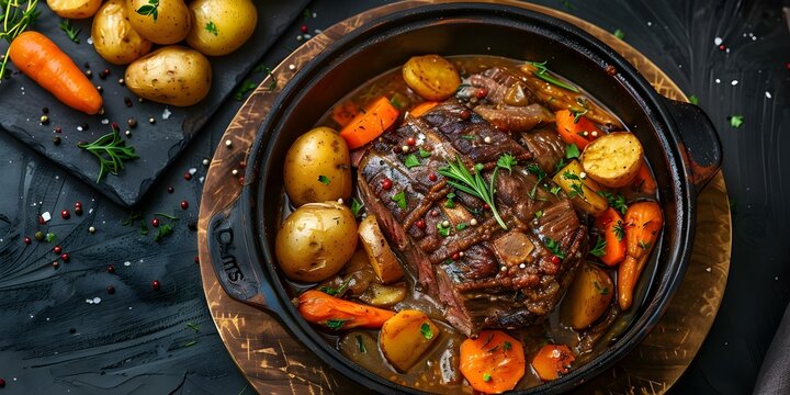 Traditional American pot roast made with beef chuck, carrots, and Yukon gold potatoes. Concept Recipe, Main course, American cuisine, Slow cooker, Comfort food