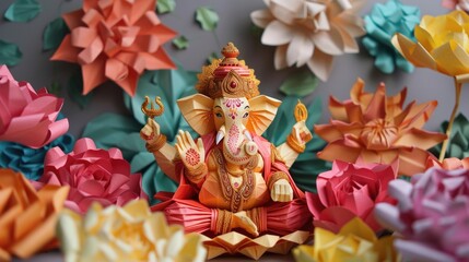 Naklejka premium Origami of Indian God Ganesh in colorful flowers craft